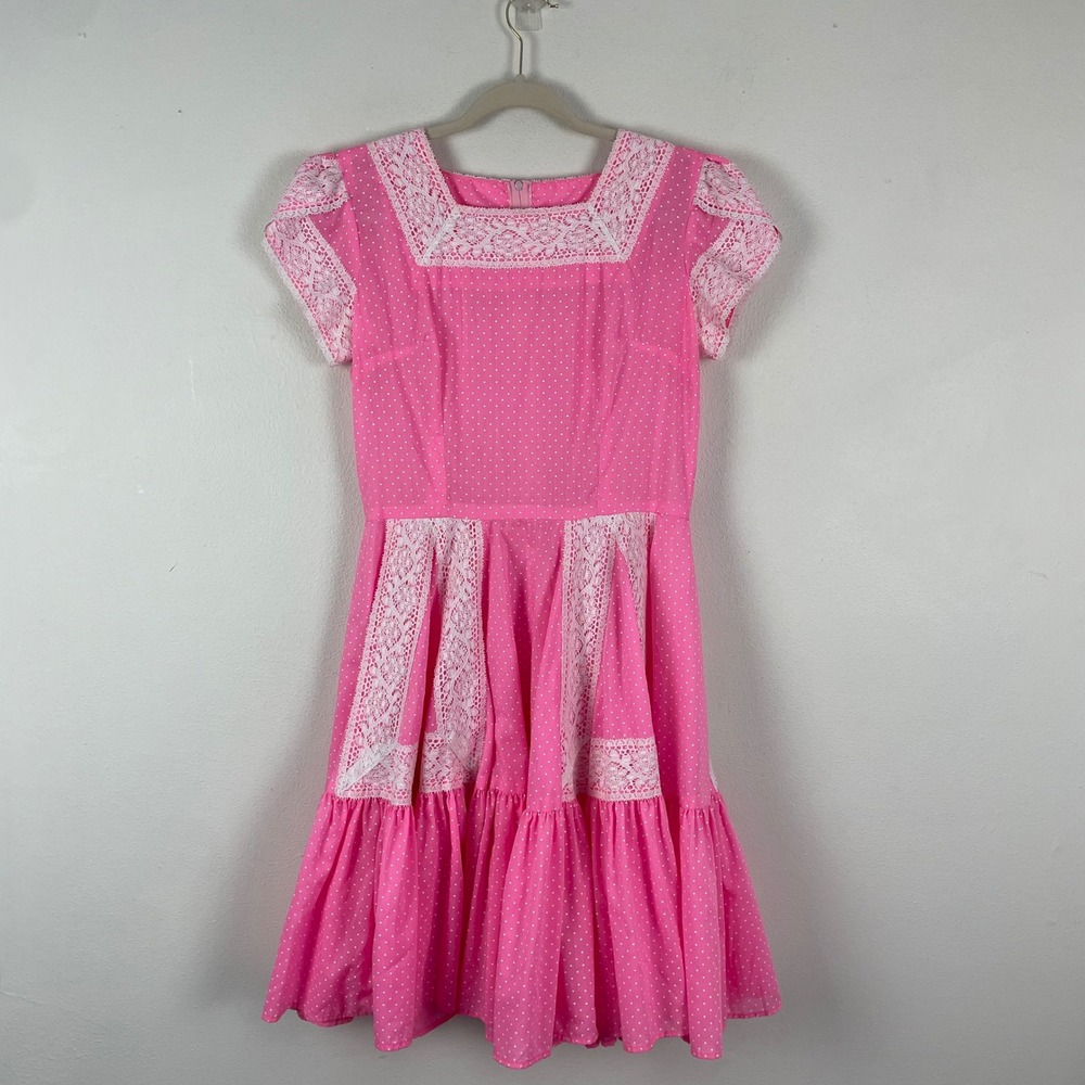 Kate Schorer Originals Pink White Polka Dot Lace Prairie Dress VTG Square Neck M